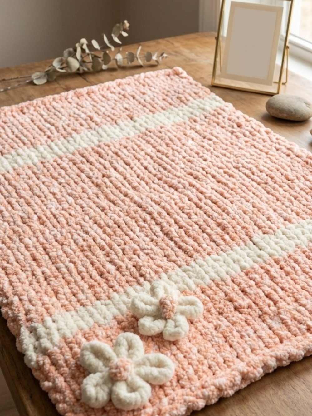 Handmade Chunky Knit Floral Baby Blanket - Peach & Cream